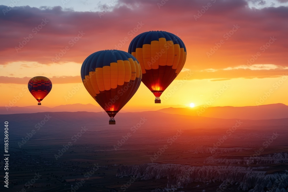 Fototapeta premium Colorful hot air balloons at sunrise over scenic landscape