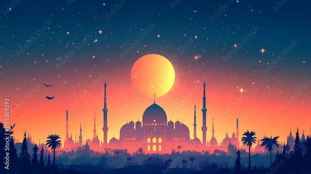 Fototapeta premium Majestic mosque silhouette lit by the sunset during Ramadan celebrations
