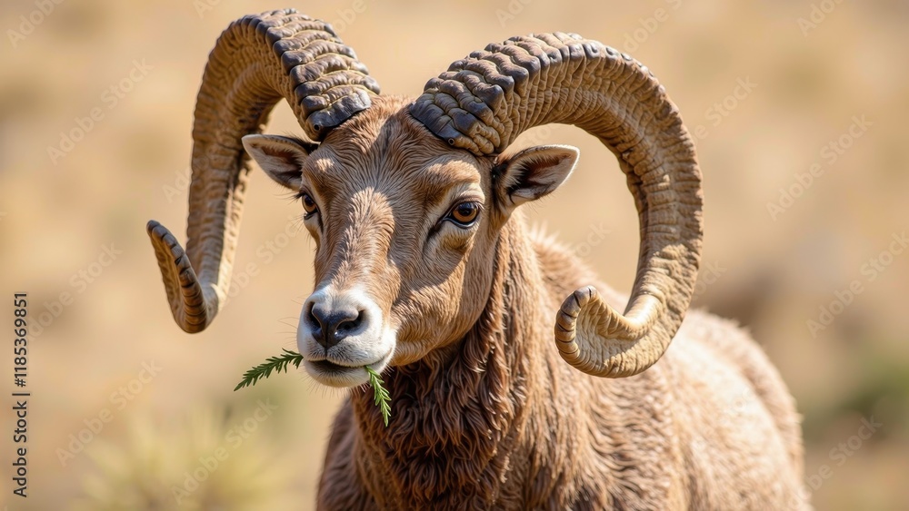 A majestic bighorn sheep gazes straight at you, its rugged features softened by a tiny sprig of green nestled in its lips, and two impressive horns curved elegantly above its brown coat A majestic bighorn sheep gazes straight at you, its rugged features softened by a tiny sprig of green nestled in its lips, and two impressive horns curved elegantly above its brown coat
