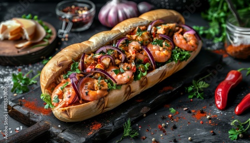 A delicious shrimp po'boy sandwich on a black background, with red onion, parsley and spices. photo