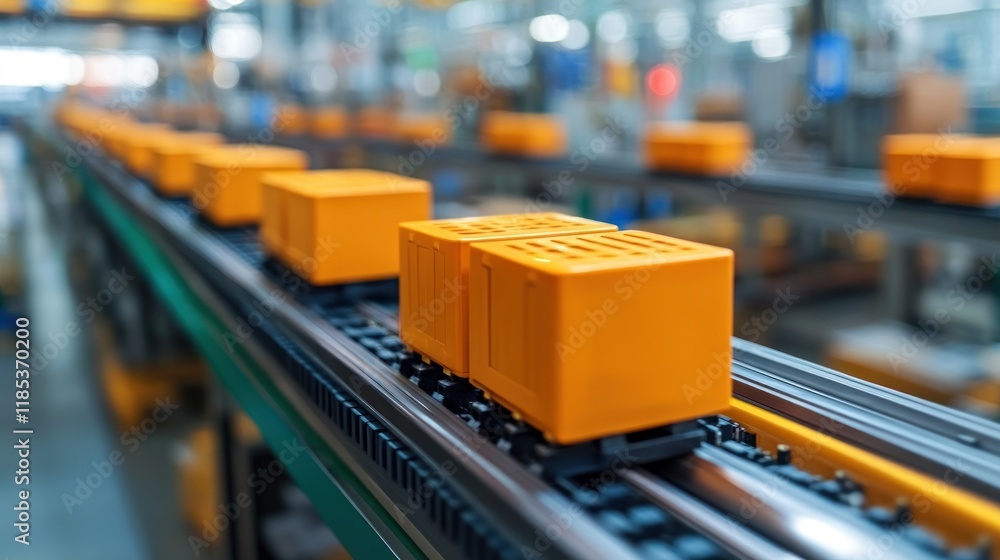 Orange boxes moving on factory conveyor belt. Orange boxes moving on factory conveyor belt.