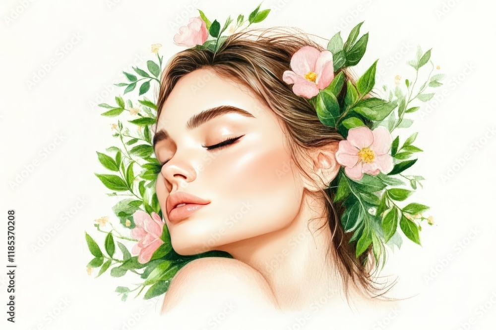 Graceful woman surrounded by a halo of soft pink blossoms and delicate greenery, embodying feminine serenity and timeless beauty in a radiant digital artwork Graceful woman surrounded by a halo of soft pink blossoms and delicate greenery, embodying feminine serenity and timeless beauty in a radiant digital artwork