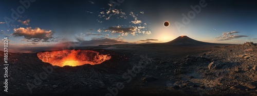 An extraordinary view of a remote volcanic caldera with a glowing lava dome and a rare, vivid solar eclipse casting dramatic shadows over the volcanic landscape, Volcanic caldera scene photo