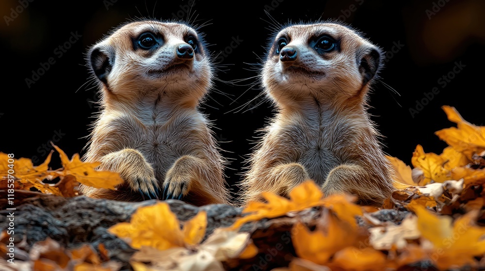 Fototapeta premium Two Meerkats Among Autumn Leaves Gaze Intently