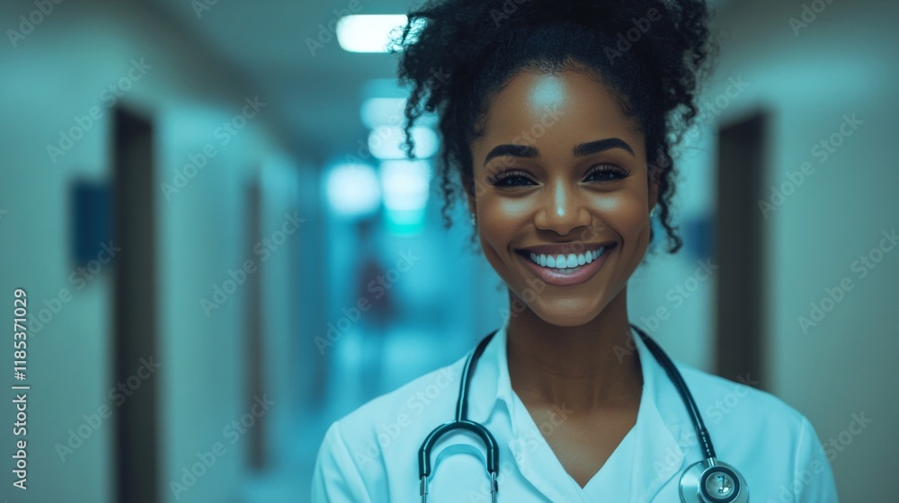 Fototapeta premium Confident Young Female Doctor Smiling in Hospital Corridor