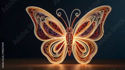 A radiant butterfly with heart-shaped wings made from translucent quilling strips, glowing softly with backlighting for a romantic Valentine’s touch. AI-generated