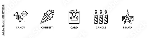 Birthday and Party banner web icon illustration concept with icon of candy, confetti, card, candle, and pinata