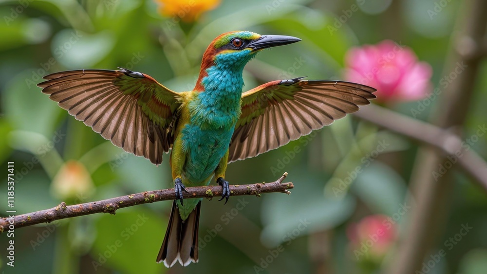 Fototapeta premium Vibrant bee-eater perches on a delicate branch, its iridescent feathers glowing as it spreads its majestic wings to the right, black beak sharp against a sunny backdrop