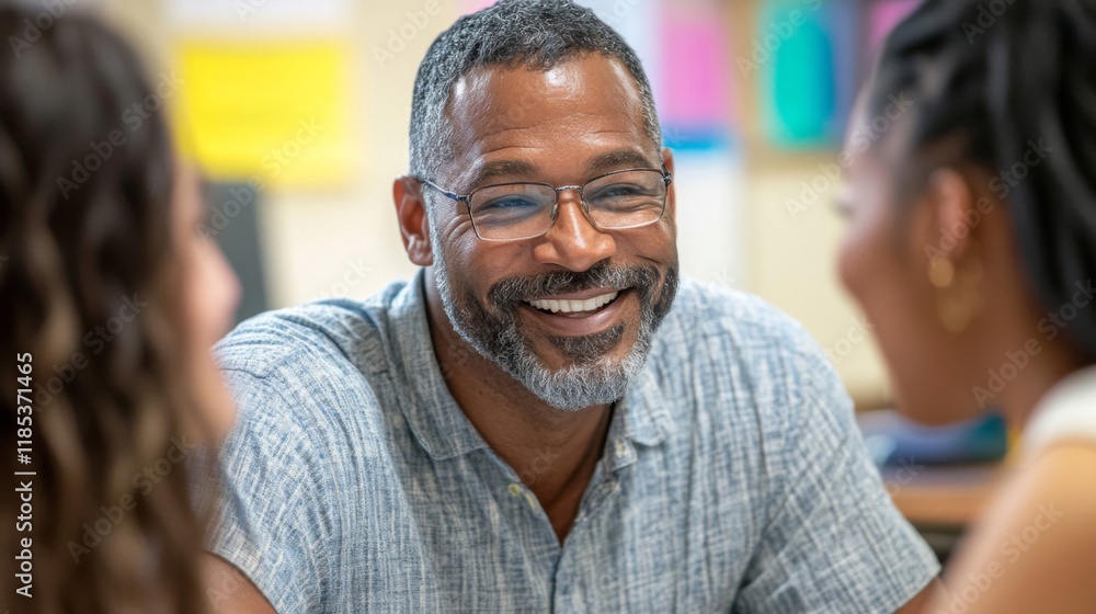 Smiling man engaged in conversation with two women Smiling man engaged in conversation with two women