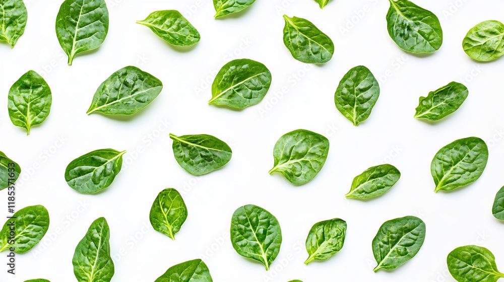 A flat lay of fresh green spinach leaves on a white background. A flat lay of fresh green spinach leaves on a white background.