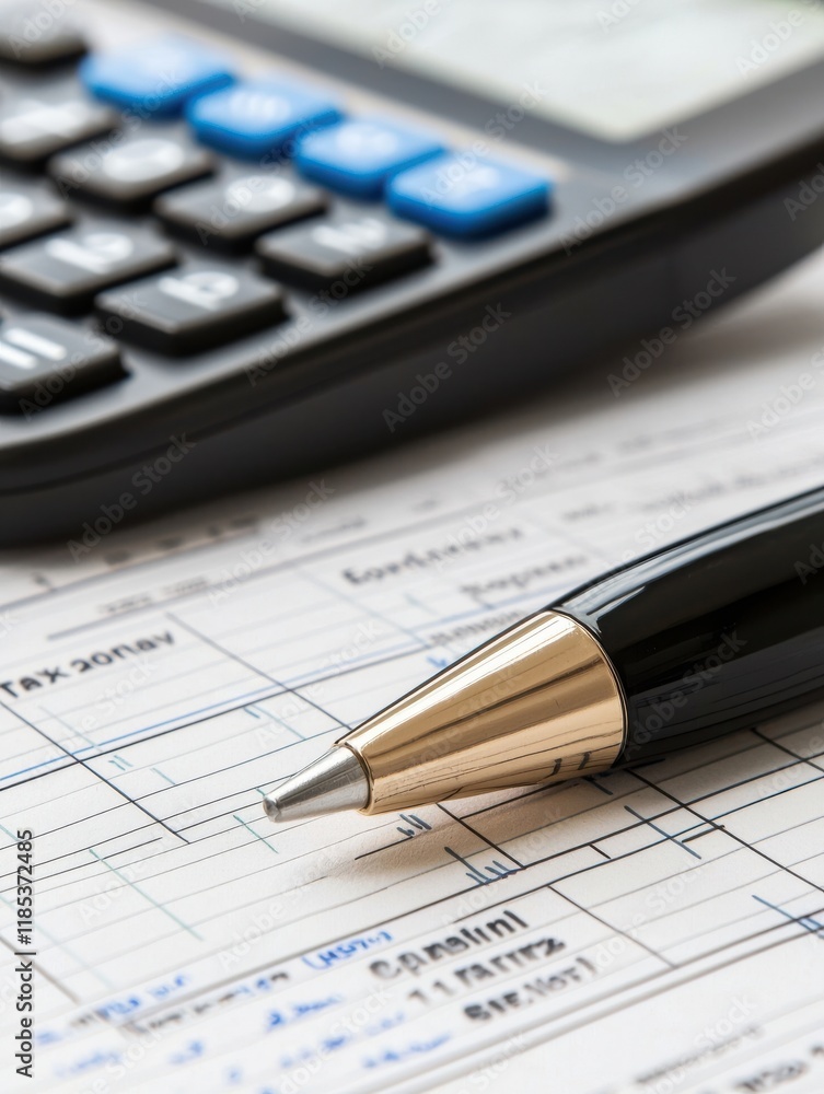 Tax planning deduction concept. A calculator and pen on a financial document with graphs and charts for analysis. Tax planning deduction concept. A calculator and pen on a financial document with graphs and charts for analysis.