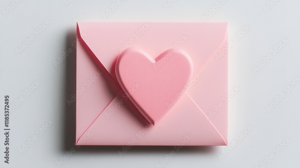 Pink heart-shaped sealed envelope on white background; Valentine's Day card Pink heart-shaped sealed envelope on white background; Valentine's Day card