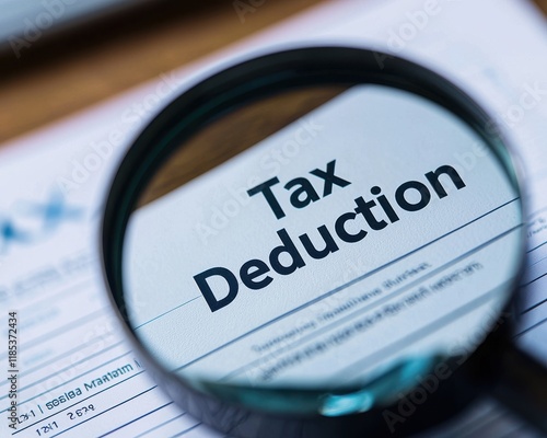 Tax planning deduction concept. Tax deduction highlighted under a magnifying glass on a tax document.