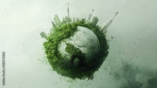 Green Cityscape: A vibrant city skyline emerges from a lush, green Earth, symbolizing a harmonious future where nature and urban life coexist. A powerful image of sustainability, environmentalism.