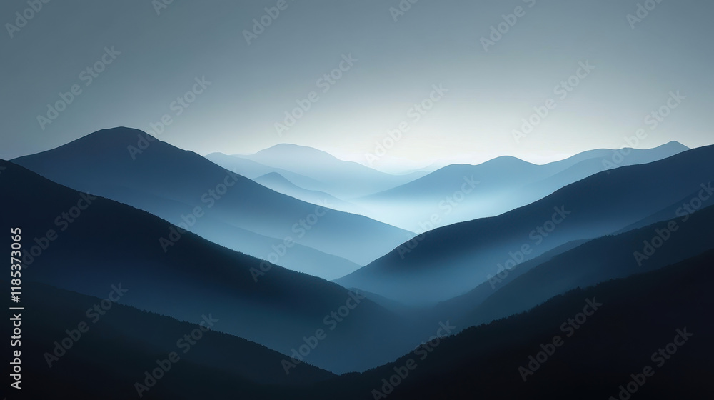 Obraz premium Mystical Mountain Range: A breathtaking view of a majestic mountain range shrouded in mist, evoking a sense of tranquility and serenity. The soft, muted tones create a dreamlike atmosphere.