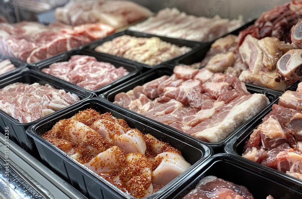 Fresh Cuts of Pork and Chicken Displayed in Black Trays, Showcasing Various Textures and Types of Meat in a Butcher Shop or Grocery Store Setting Fresh Cuts of Pork and Chicken Displayed in Black Trays, Showcasing Various Textures and Types of Meat in a Butcher Shop or Grocery Store Setting