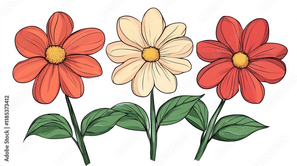 Three colorful flowers, illustration, white background, design element Three colorful flowers, illustration, white background, design element