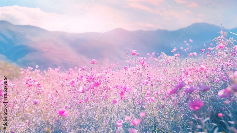 Naklejka premium Pink flowers bloom on a field. Distant mountains visible. Use for romantic, tranquil, or peaceful concepts