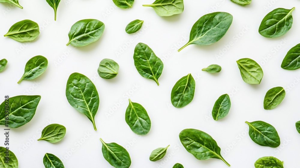 A flat lay of fresh spinach leaves arranged on a white background. A flat lay of fresh spinach leaves arranged on a white background.