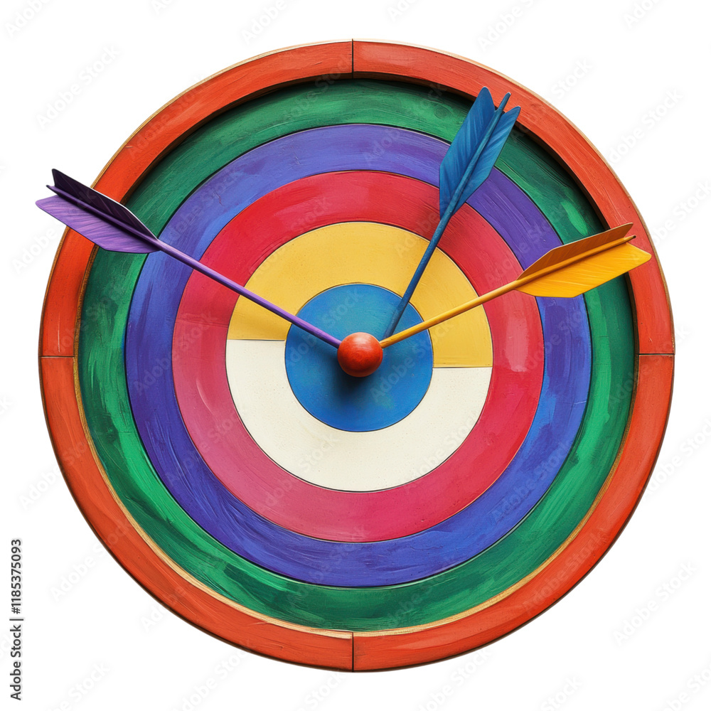 Vibrant target icon with arrows striking the bullseye, bold colors, transparent background, ideal for dynamic visuals and branding. Vibrant target icon with arrows striking the bullseye, bold colors, transparent background, ideal for dynamic visuals and branding.