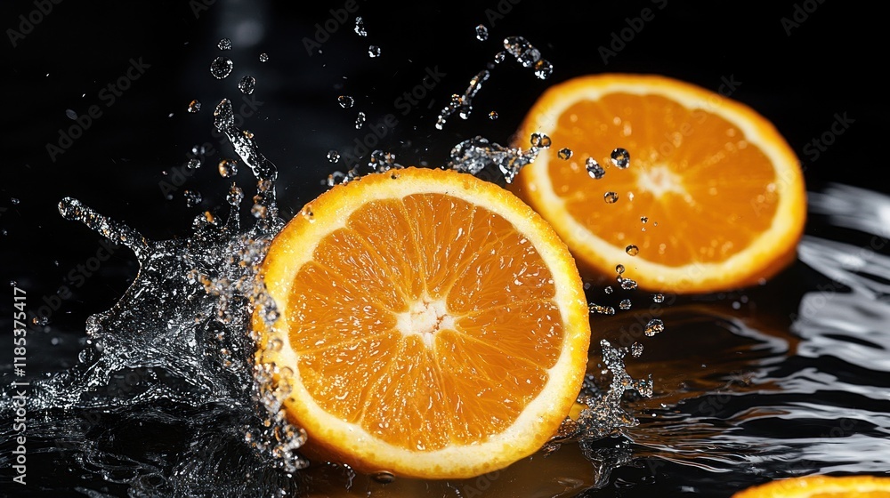 Fresh orange halves splashing in water. Fresh orange halves splashing in water.