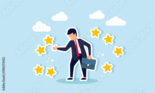 Businessman saluting several stars surrounding him, illustration of happiness from positive feedback on business product quality photo