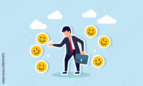 Businessman saluting several happy emoticons surrounding him, illustration of happiness from positive responses and attention from the market