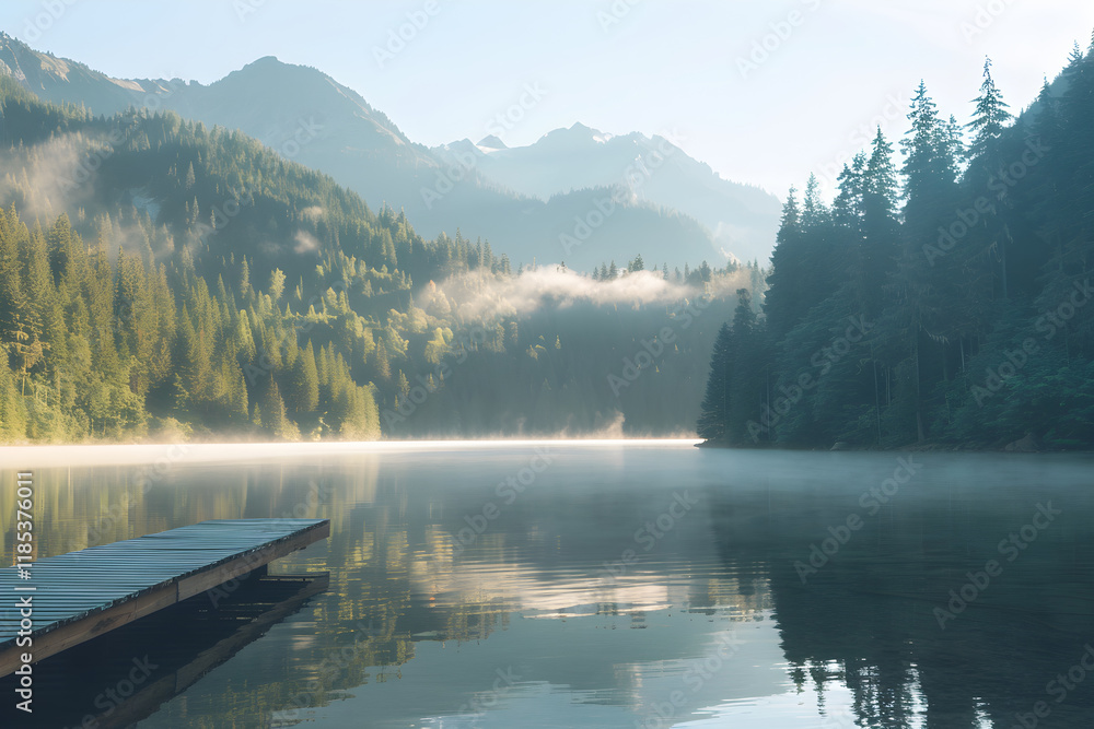 Naklejka premium Serene Lakeside View at Dawn with Golden Sunrise, Misty Lake, and Majestic Mountains