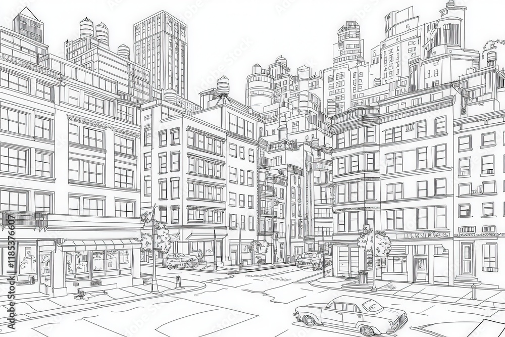 Obraz premium Black and white cityscape illustration of urban buildings and street scene