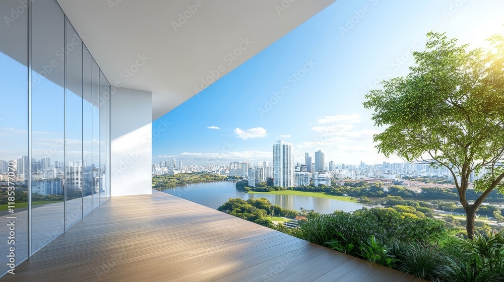 Modern balcony view showcasing urban skyline, lush greenery, and serene water reflections under a bright blue sky during day, perfect for real estate or lifestyle promotions Modern balcony view showcasing urban skyline, lush greenery, and serene water reflections under a bright blue sky during day, perfect for real estate or lifestyle promotions