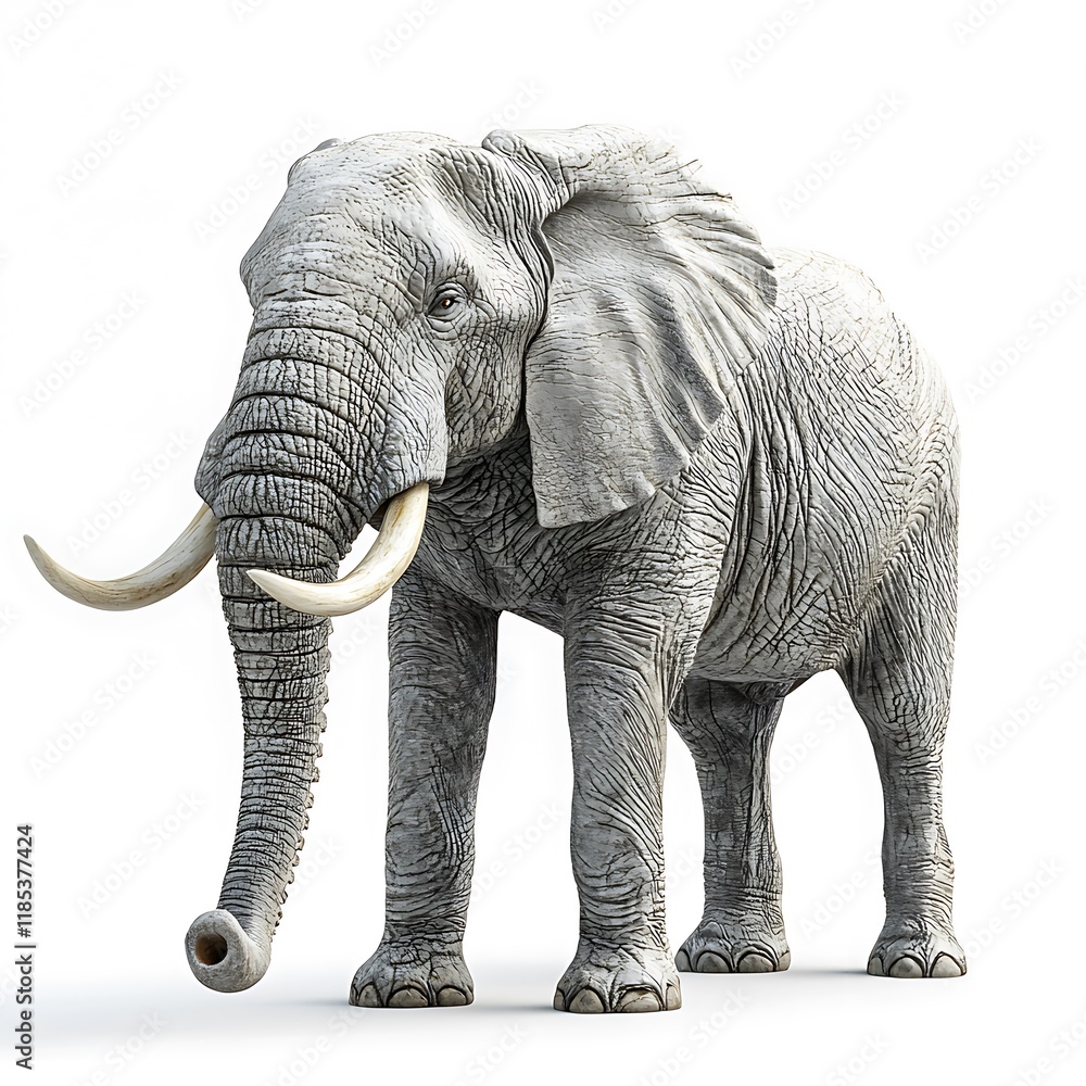 Obraz premium Majestic African Elephant with Large Tusks Isolated on White Background.