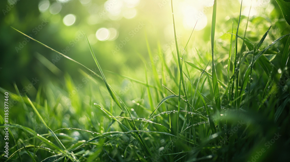 Obraz premium Lush green grass glistens with dew under soft sunlight, creating serene atmosphere