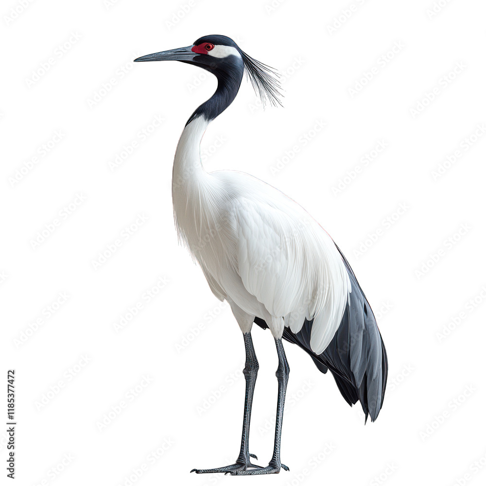 A white crane with a black neck and red crown standing elegantly. A white crane with a black neck and red crown standing elegantly.