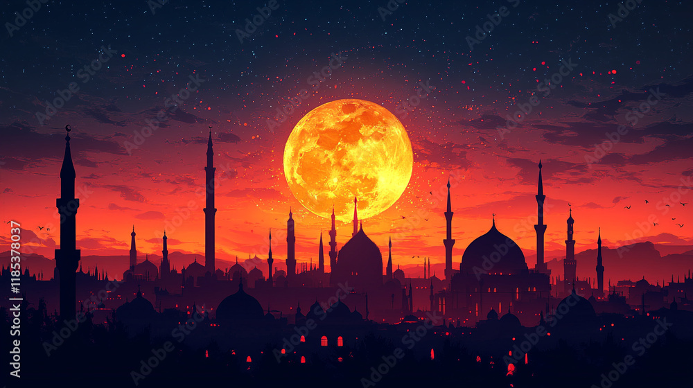 Obraz premium Ramadan night with a glowing moon over an ornate city skyline and beautiful mosques