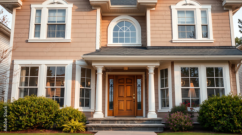 Two-Story House with Wooden Front Door and Bay Windows Two-Story House with Wooden Front Door and Bay Windows