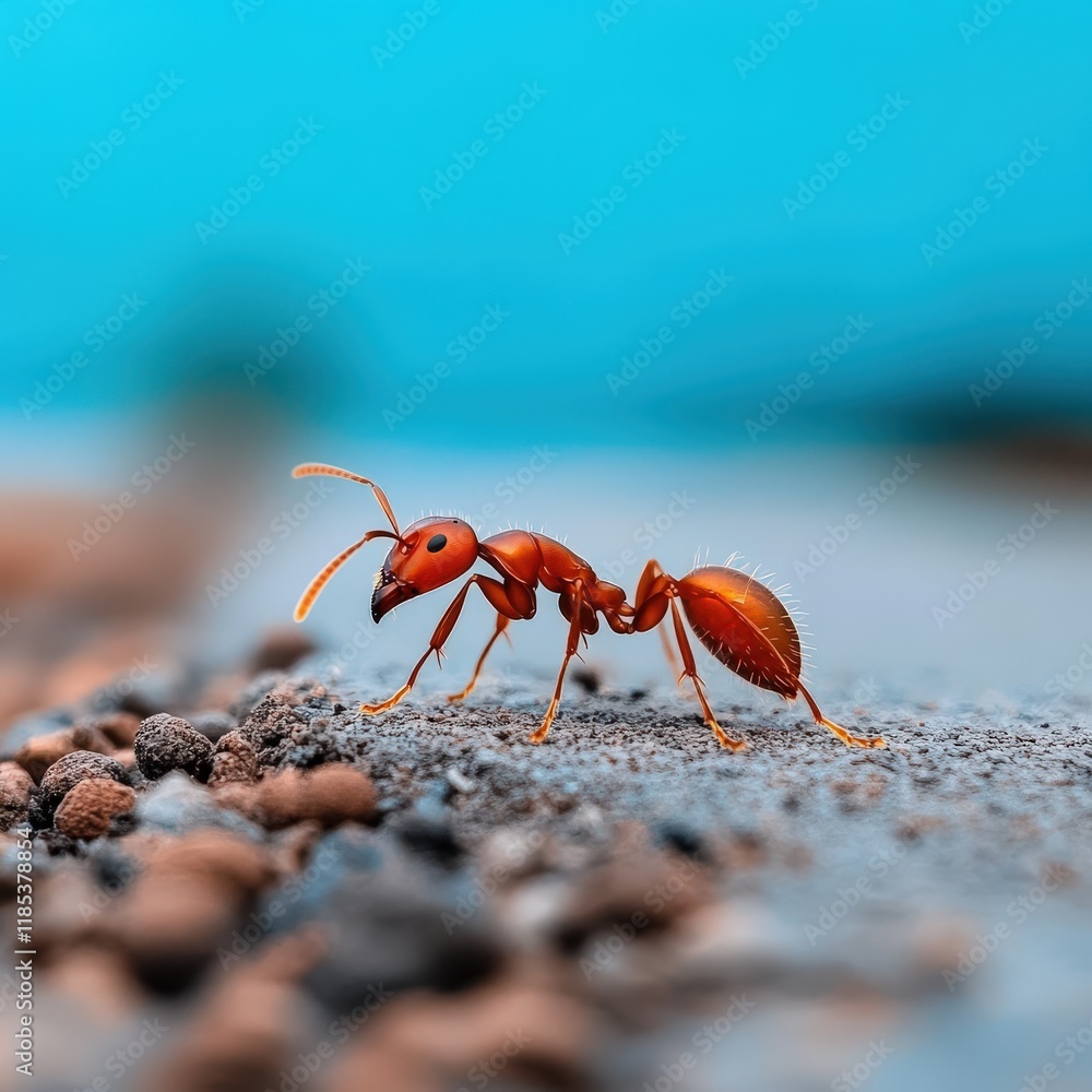 Close-up of a red ant exploring rocky terrain under a clear blue sky Close-up of a red ant exploring rocky terrain under a clear blue sky