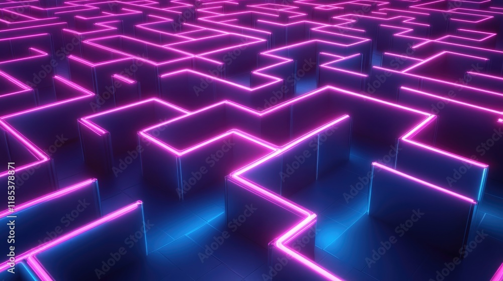 Abstract digital technology background: Neon lights guide us through a maze, leading to new discoveries and frontiers Abstract digital technology background: Neon lights guide us through a maze, leading to new discoveries and frontiers