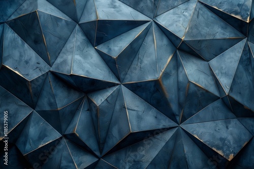 Deep blue geometric shapes with gold edges. AI generative. .