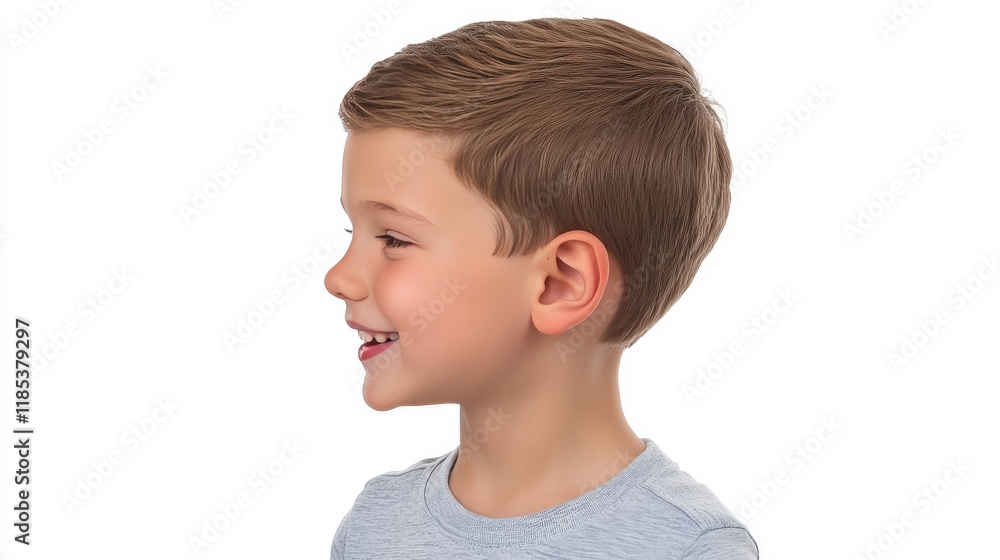 Side profile of a smiling boy with short hair, emphasizing innocence, joy, and simplicity in a high quality minimalist stock image Side profile of a smiling boy with short hair, emphasizing innocence, joy, and simplicity in a high quality minimalist stock image