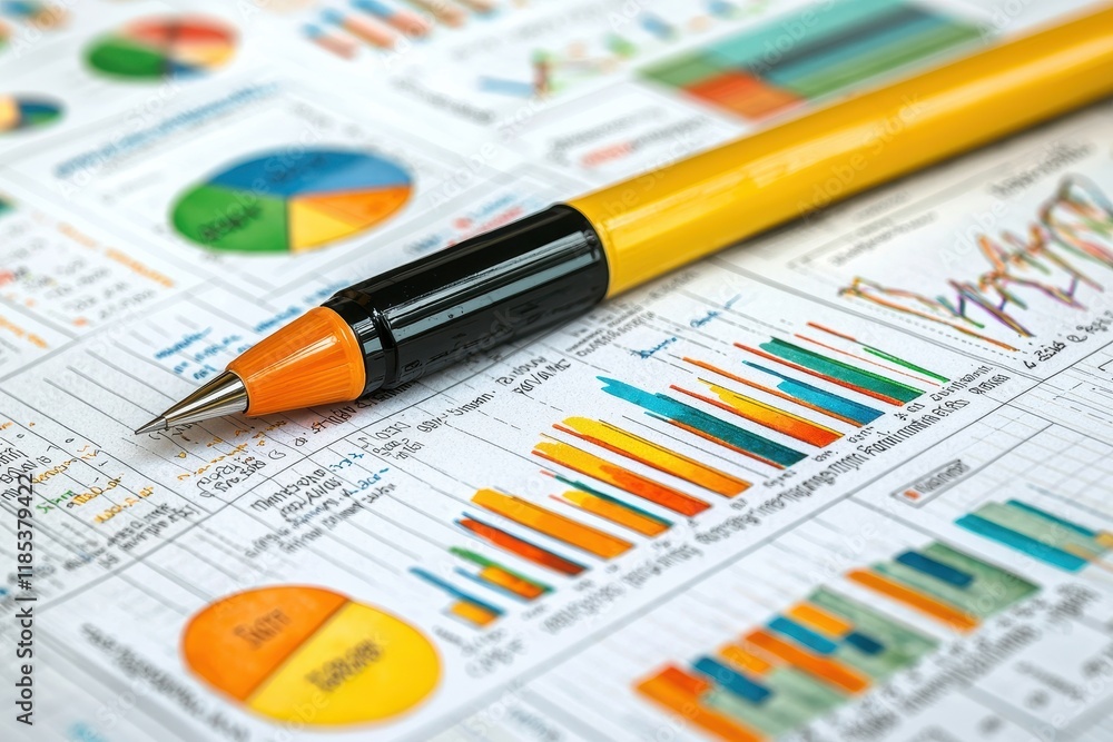 Fototapeta premium A pen rests on a colorful report filled with various charts and graphs, illustrating data analysis and presentation.