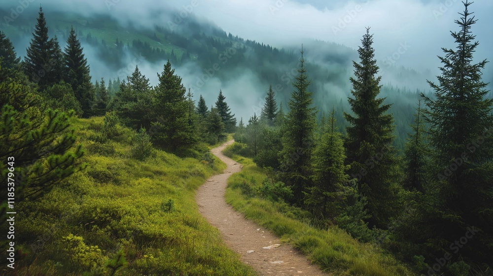 Foggy Mountain Trail Winds Through Dense Pine Forests in Early Morning Light Foggy Mountain Trail Winds Through Dense Pine Forests in Early Morning Light