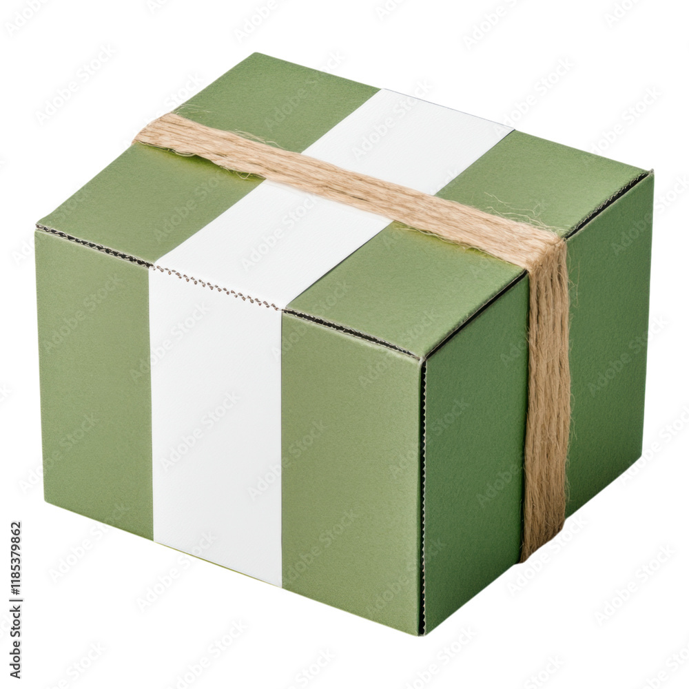 Green paper box with white label design, front view, transparent background, clean and simple packaging aesthetic. Green paper box with white label design, front view, transparent background, clean and simple packaging aesthetic.