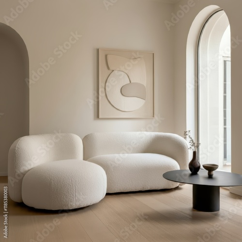 Minimalist interior design, curved archway, white textured walls, cozy cream sofa, circular wall art, monochromatic color scheme, soft lighting, abstract wall sculpture, rounded shapes, contemporary a