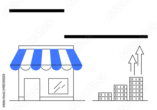 Storefront with blue-striped awning beside graph with rising stacked coins and upward arrows. Ideal for business success, growth strategy, entrepreneurship, startup ideas, retail, investment