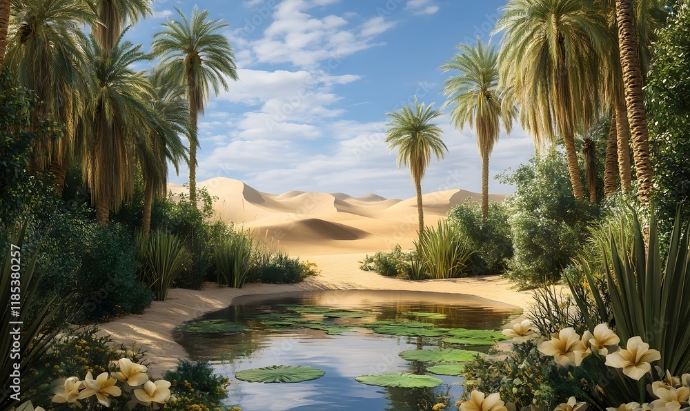 Obraz premium Lush oasis with palm trees, pond, and sand dunes under a sunny sky.