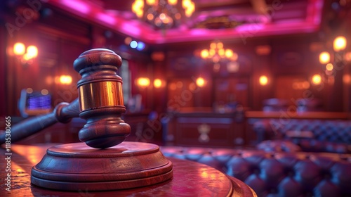 A wooden gavel rests on a table in a dimly lit room with warm, colored lights.  AI generative. .