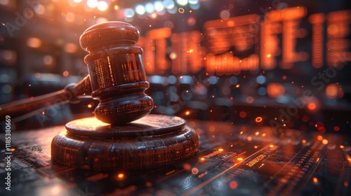 Fototapeta Naklejka Na Ścianę i Meble -  A wooden gavel with glowing lights in the background. AI generative. .