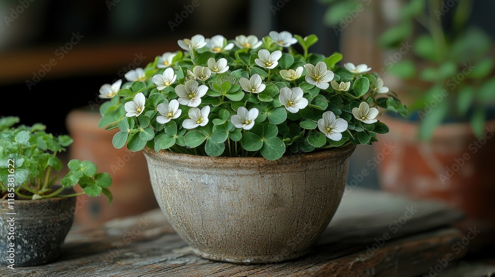 White flowers bloom abundantly in a rustic pot White flowers bloom abundantly in a rustic pot