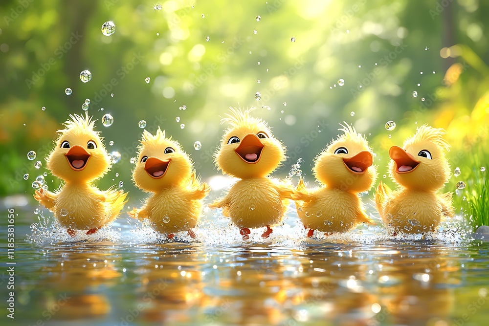 Four Joyful Baby Ducks Splashing in a Sunny Stream. Four Joyful Baby Ducks Splashing in a Sunny Stream.