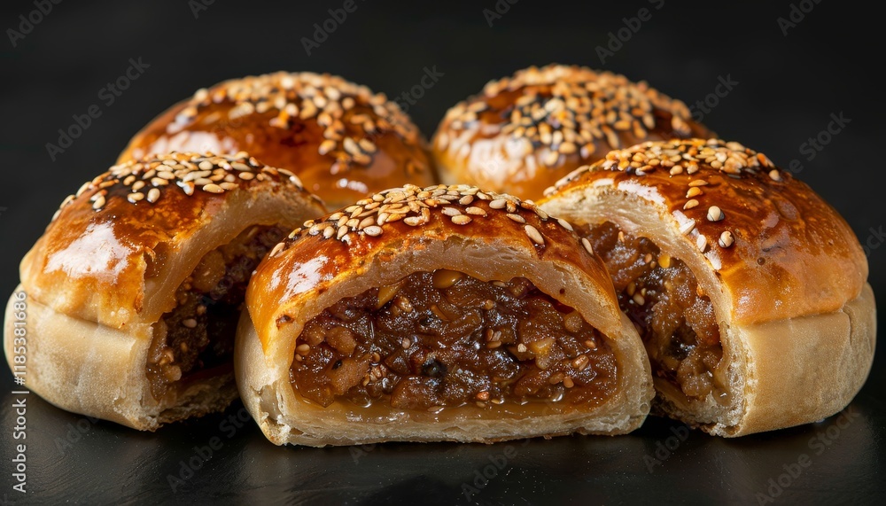 Five golden brown buns, one cut open to reveal savory meat filling. Five golden brown buns, one cut open to reveal savory meat filling.